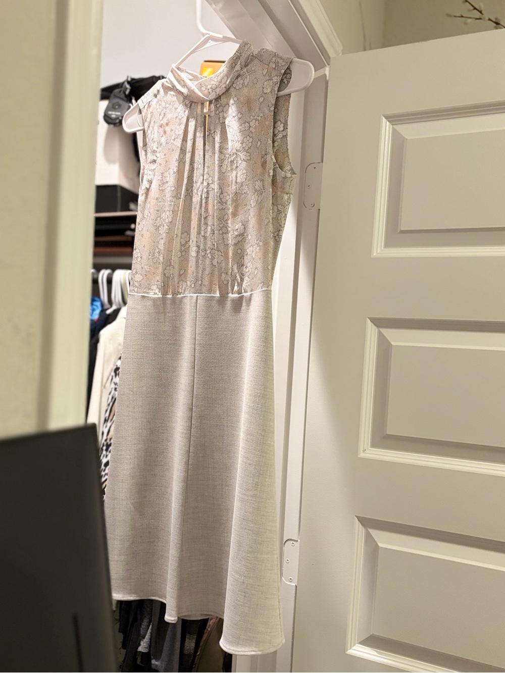 Rebecca Taylor Tailored Sleeveless Midi Dress in Light Gray and Cream